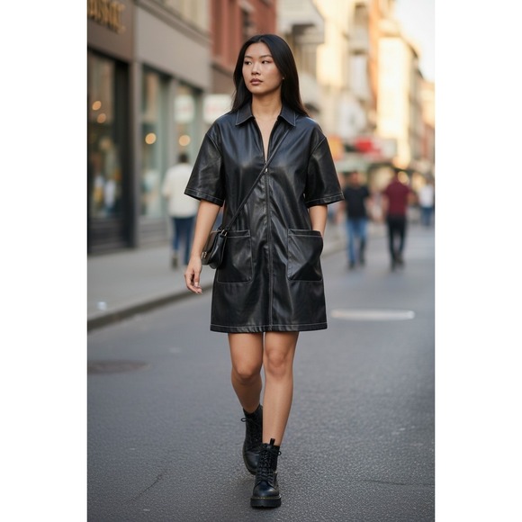 ASOS DESIGN Dresses & Skirts - ASOS DESIGN Womens Black Faux Leather Contrast Stitch Mini Dress Size Small